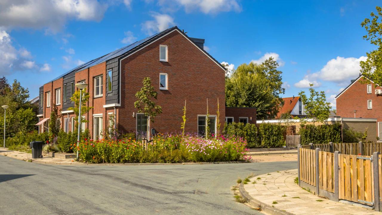 Modern red-brick terraced homes with dark cladding and a flowering front garden on a quiet residential street